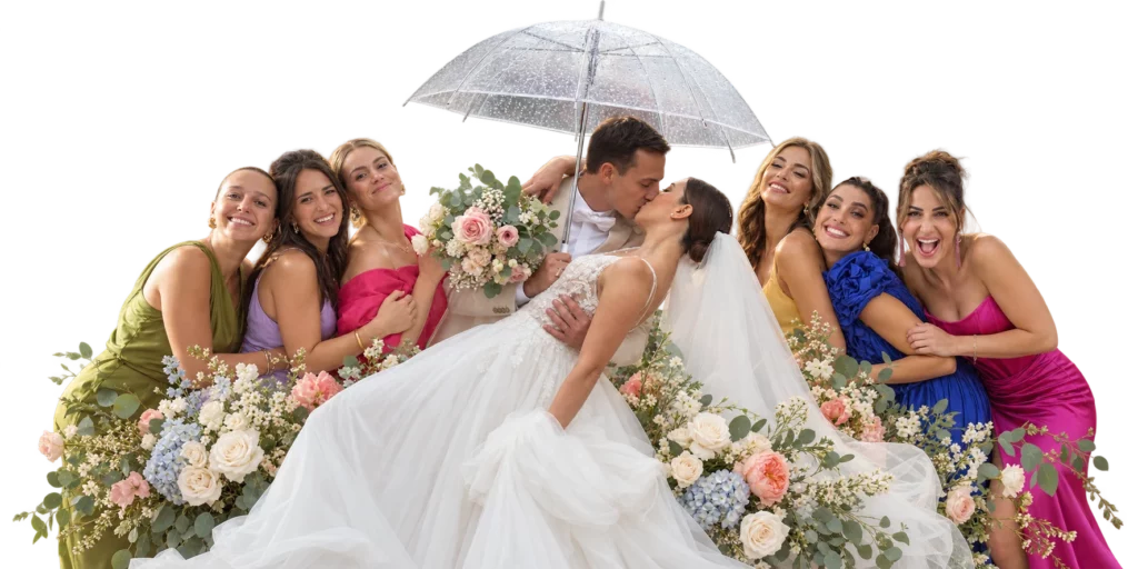 Les mariés s’embrassent sous une ombrelle transparente, entourés de leurs demoiselles d’honneur et de fleurs