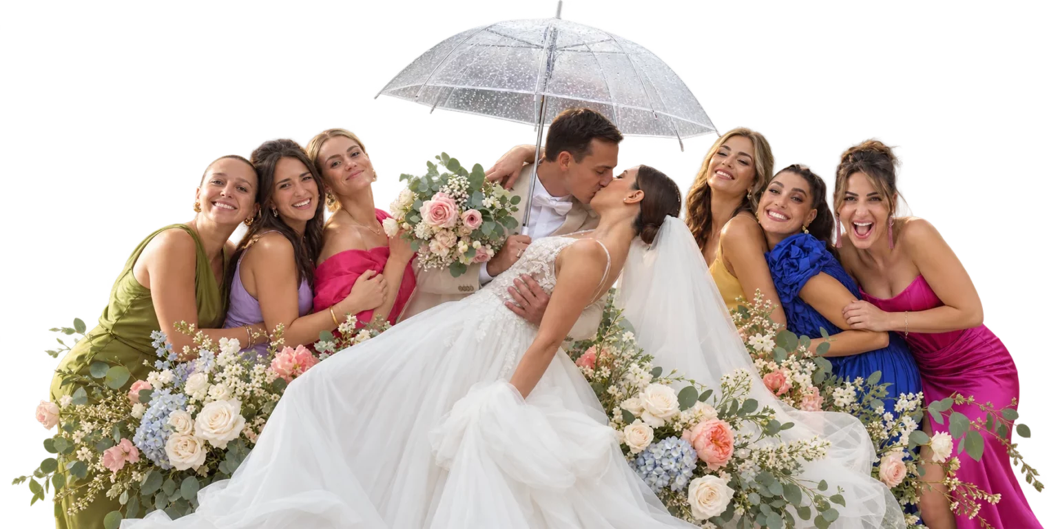 Les mariés s’embrassent sous une ombrelle transparente, entourés de leurs demoiselles d’honneur et de fleurs